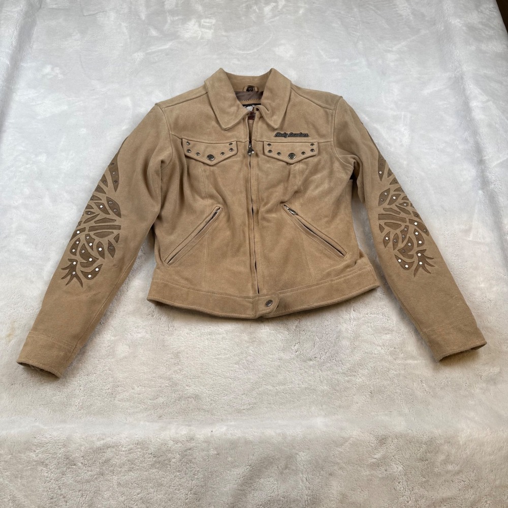 Harley Davidson Suede Leather Jacket Women's XS Embellished Motorcycle Biker Tan